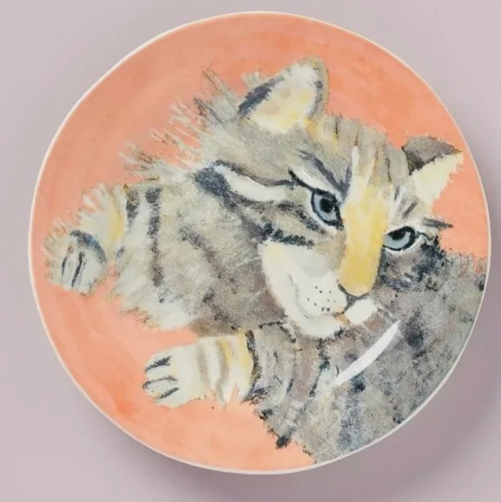 Anthropologie "Stella Striped Tabby Cat" Dessert Salad Plate by Carol Akins NEW